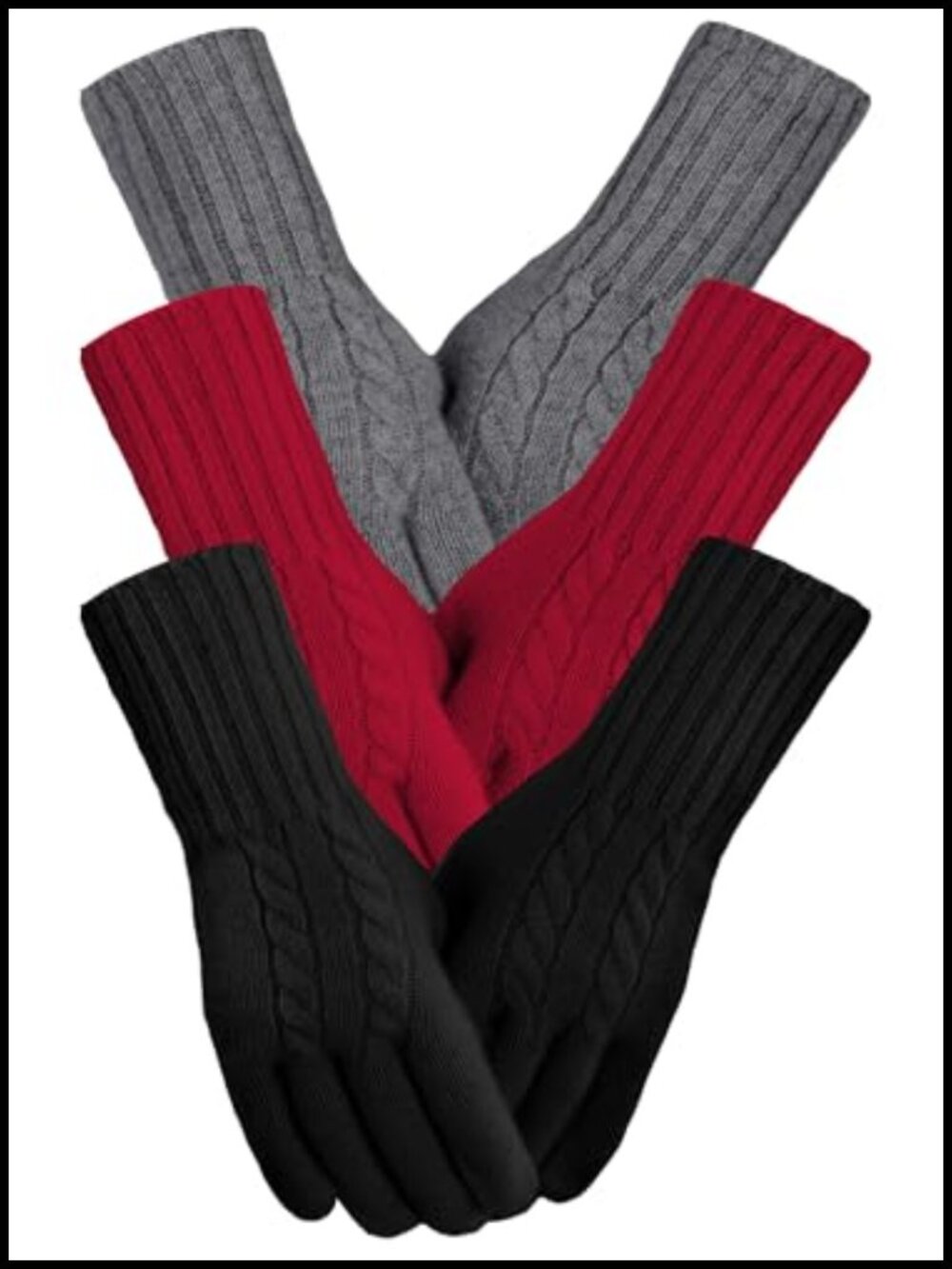 3 Pairs Pure Wool Knit Gloves Touchscreen Warm Long Wrist Cuffs Windproof